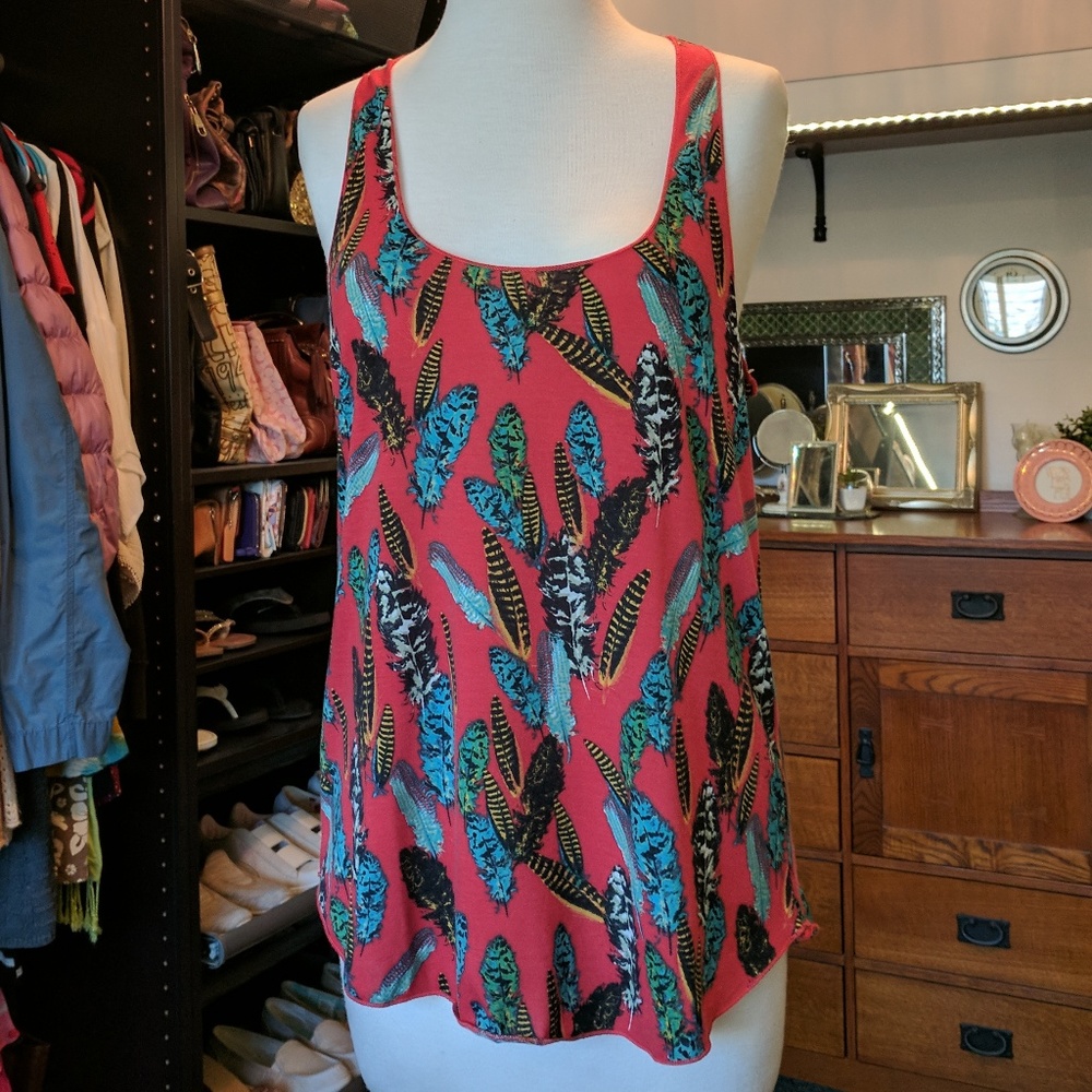 AMERICAN RAG CIE Tank Top Racer Back Feather Print large *